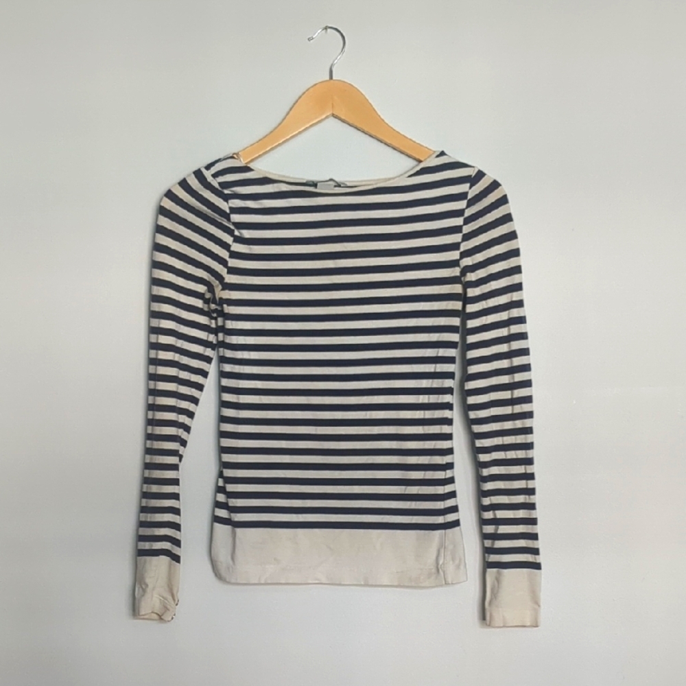 H&M XS Breton Long Sleeve Striped Boat Neck Top Navy Blue & White Button Detail